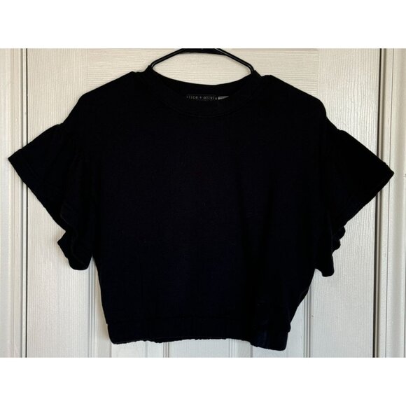 Alice and Olivia Joline Ruffle Flutter Sleeve Cropped Sweatshirt Top XS Black L2 - Picture 2 of 8